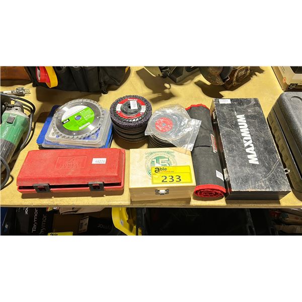 MASTERCRAFT TAP & DIE SET, WOODEN BOX OF ASSORTED ROUTER BITS, HEAVY DUTY SOCKET ALLEN KEYS SET,