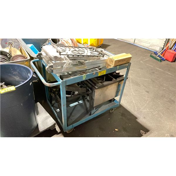 BLUE METAL 2 TIER MOBILE PRODUCT CART WITH 2 COMMERCIAL GAS STOCK POT BURNERS, ALUMINUM LOADING