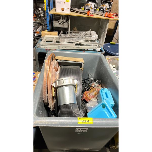 BIN OF HEAVY DUTY WATER HOSE, COPPER PIPE, ELECTRICAL BREAKER BOX, ELECTRIC SUBMERSIBLE PUMP, &
