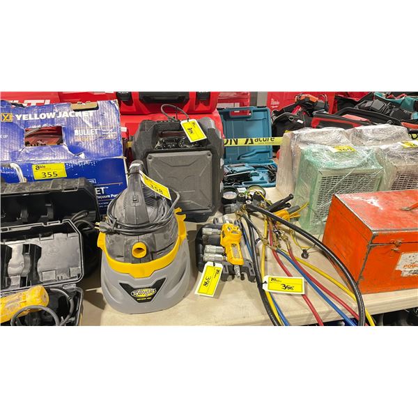 DEWALT PNEUMATIC SPLITTER, HILMAR GAUGE SYSTEM, STINGER WET / DRY VACUUM *NO HOSE*, & MONSTER