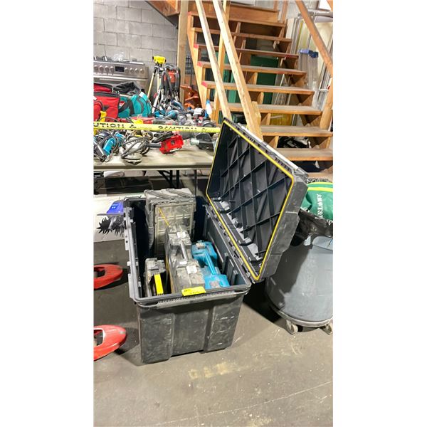 DEWALT PLASTIC PORTABLE JOB SITE TOOL BOX WITH ASSORTED TRANSPORT CASES, SMALL TOOL SORTERS, &