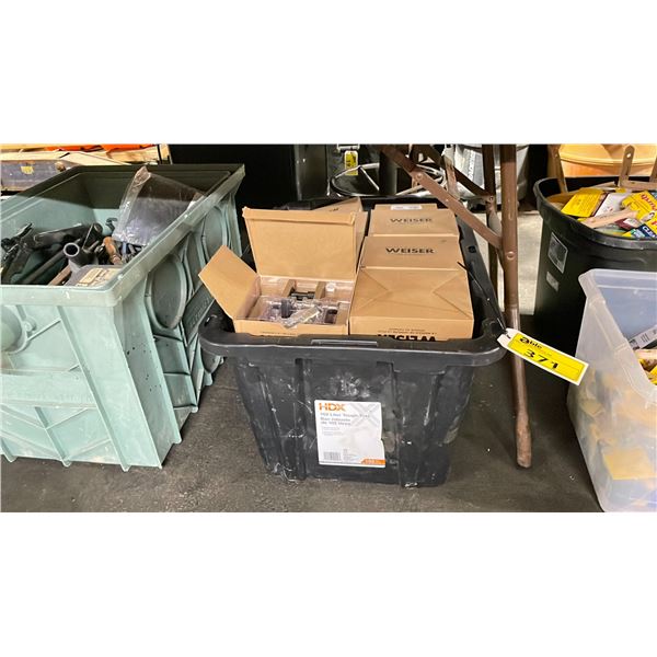 PLASTIC BIN OF ASSORTED WEISER LOCKING DOOR HANDLES *BIN INCLUDED*