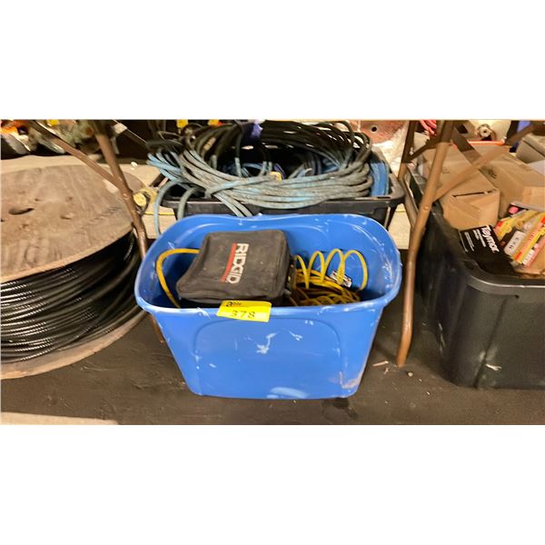 2 PLASTIC BINS OF ASSORTED INDUSTRIAL EXTENSION CORDS, AIR HOSE, & RIDGID SCOPE *PARTS ONLY SCOPE,