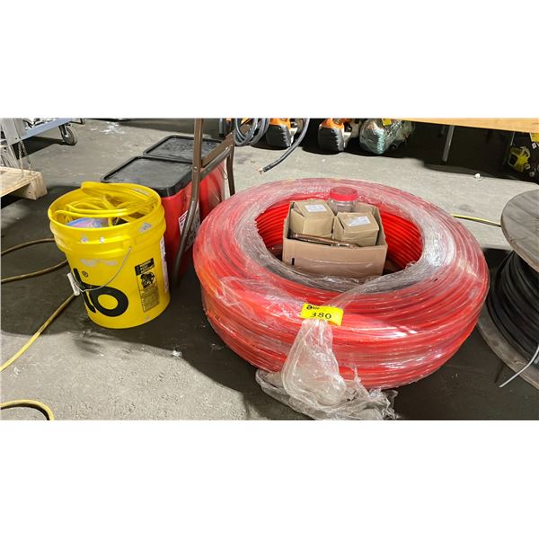 ROLL OF OXYPEX 1/2" INDUSTRIAL AIR BARRIER HOSE, BOX & 3 PAILS OF ASSORTED PLUMBING HARDWARE /