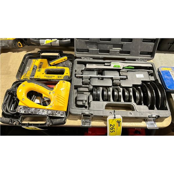 HILMOR PORTABLE COMPACT HAND PIPE BENDER KIT IN HARD TRANSPORT CASE, ELECTRIC YELLOW STAPLE GUN IN