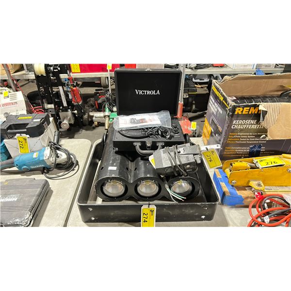 LARGE PROFESSIONAL STAGE 3 SPOT LIGHT, MINI SAFEHOUSE SENSOR, & VICTROLA BLUETOOTH TURN TABLE