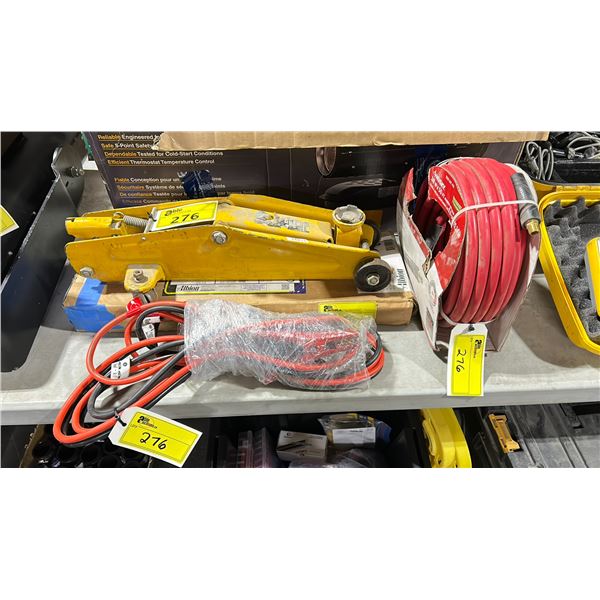 YELLOW 2 TON MOBILE JACK, ALBION CAULKING GUN, ROLL OF HUSKY 3/8  50' AIR HOSE & PAIR OF JUMPER