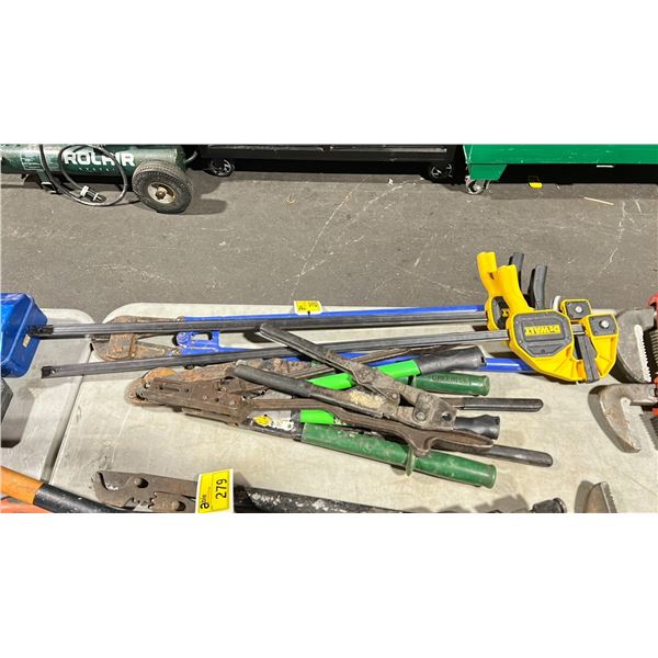 ASSORTED LARGE HAND TOOLS, CRIMPERS, CUTTERS, & DEWALT WOOD CLAMPS