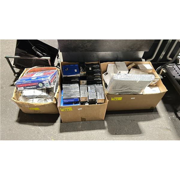 3 BOXES OF ASSORTED TAYMOR PROFESSIONAL LOCK SETS, EXIT SIGN, HEAT SHIELD, & PLUMBING HARDWARE