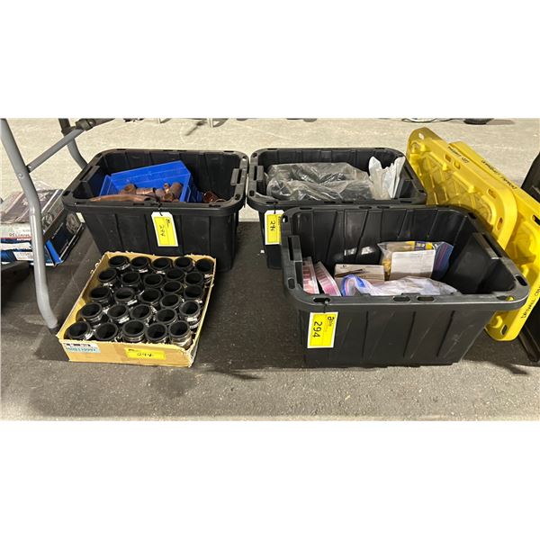 3 PLASTIC BINS OF ASSORTED COMMERCIAL PLUMBING / ELECTRICAL HARDWARE & BOX OF RUBBER PIPE