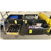 Image 1 : 3 PLASTIC BINS OF ASSORTED COMMERCIAL PLUMBING / ELECTRICAL HARDWARE & BOX OF RUBBER PIPE