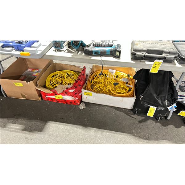 2 BOXES OF INDUSTRIAL ELECTRIC JOB SITE STRING LIGHTS, BOX OF DECK SCREWS, & BAG OF ASSORTED CARRY