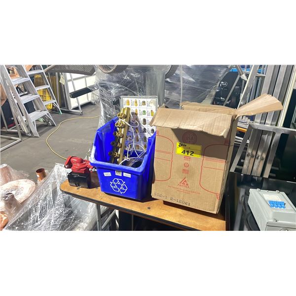 AMTROL EXPANSION TANK, ELECTRIC FLOW VALVE, VICTAULIC TOOL, & BIN OF COMMERCIAL PLUMBING HARDWARE
