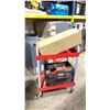 Image 1 : RED METAL 2 TIER MOBILE TOOL CART WITH BOX OF PAMFAST SUB FLOOR SCREWS, ULINE METAL POWDER SOAP