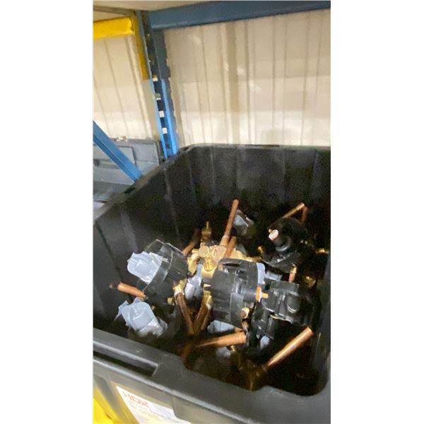 BLACK PLASTIC BIN OF ASSORTED PLUMBING FLOW VALVES *BIN INCLUDED*