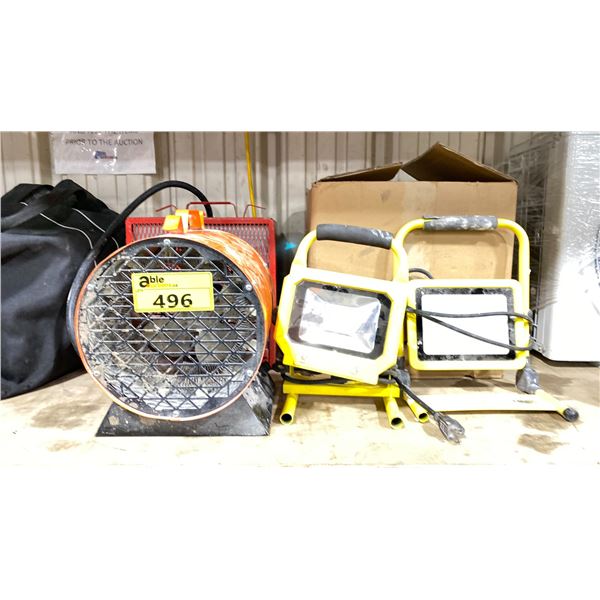 2 LED WORK LIGHTS, 2 ELECTRIC INDUSTRIAL JOB SITE HEATERS & SMS-25 ELECTRIC WIRE STRIPPING MACHINE