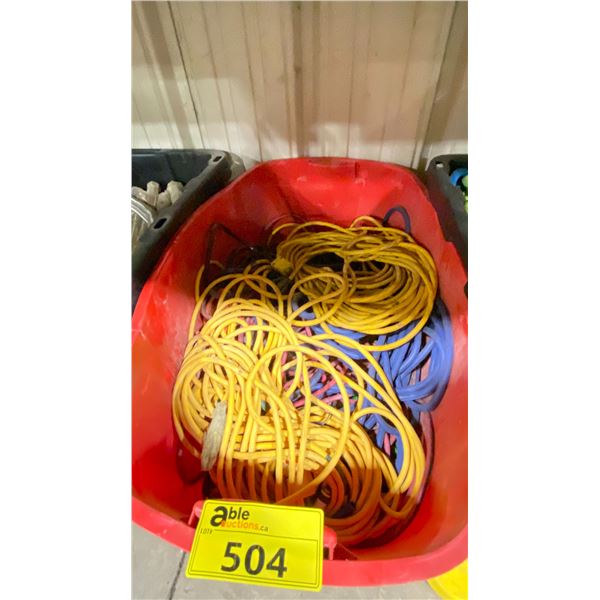 RED PLASTIC BIN OF ASSORTED HEAVY DUTY EXTENSION CORDS *BIN INCLUDED*