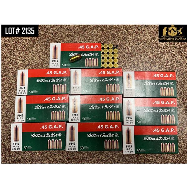 AMMO LOT - SELLIER BELLOT .45 GAP, 230GR,  FMJ, 10 BOXES OF 50 ROUNDS - 500 ROUNDS