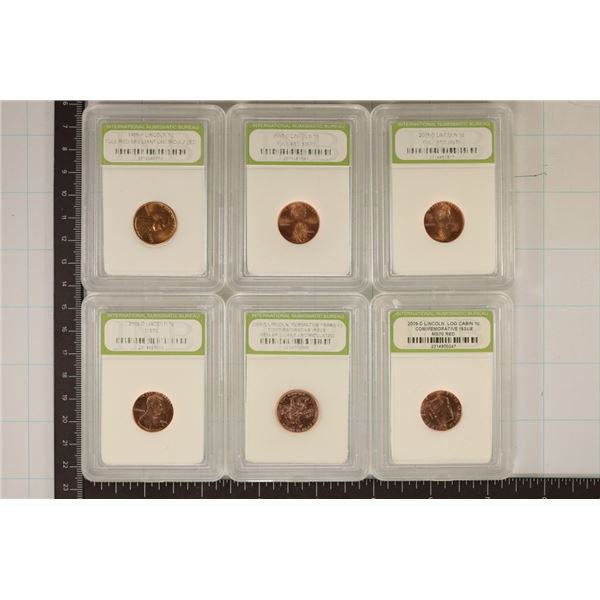 6 SLABBED LINCOLN CENTS: 1959-P BU RED, 2000-D