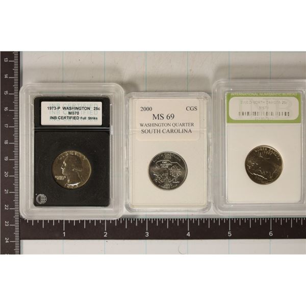 3 SLABBED US QUARTERS: 1973-P WASHINGTON MS70,
