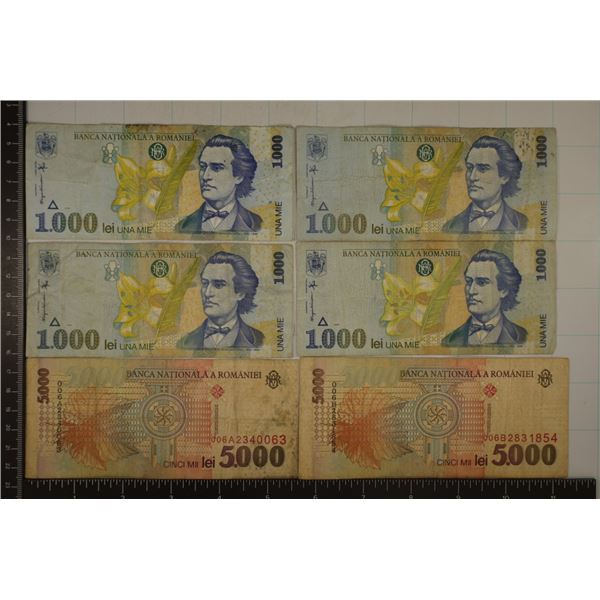 6 ROMANIA LEI BILLS: 4-1000 LEI AND 2-5000 LEI