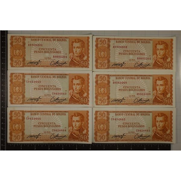 6-1962 BOLIVIA 50 BOLIVIANOS CRISP UNC BILLS.1 SET