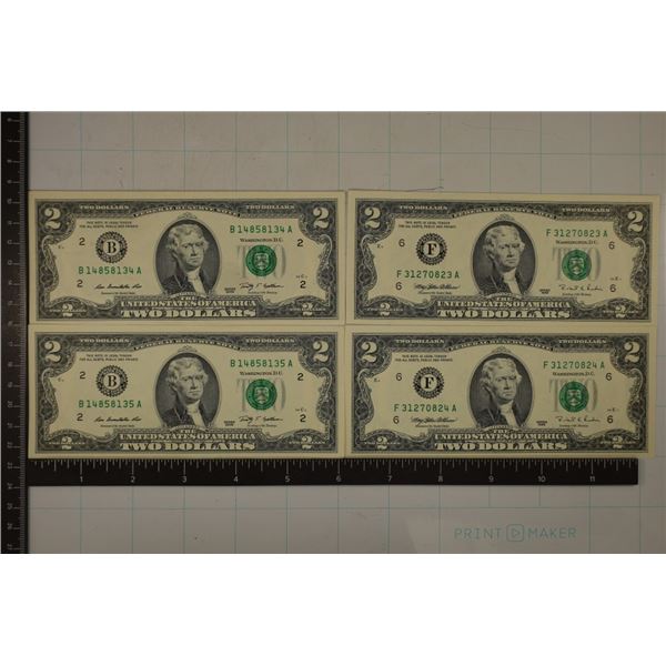 2-1995 & 2-2009 US $2 FRN'S CRISP UNC, GREEN SEALS