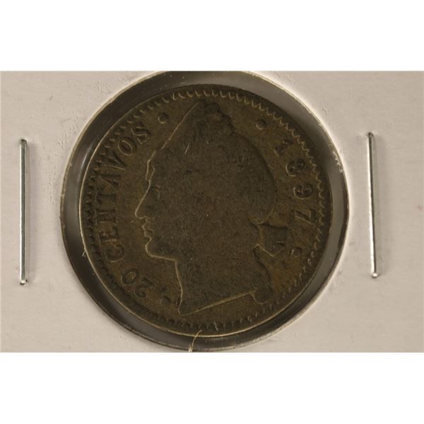 1897 DOMINICAN REPUBLIC SILVER 20 CENTAVOS .0563