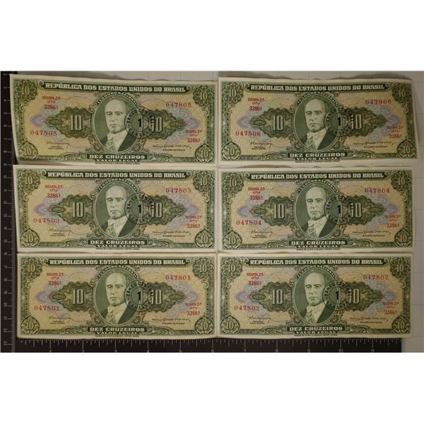 6-1962 BRAZIL 10 CRUZEIROS CRISP UNC BILLS WITH