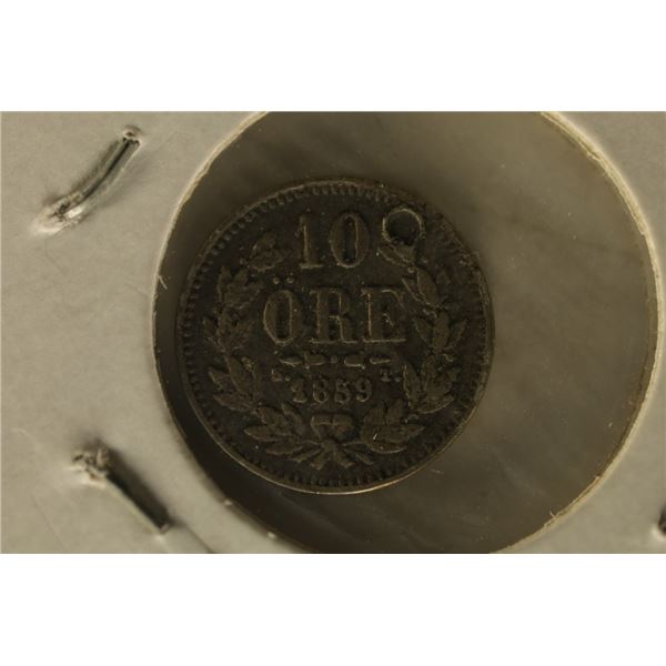 1859 SWEDEN SILVER 10 ORE WITH HOLE .0205 OZ. ASW