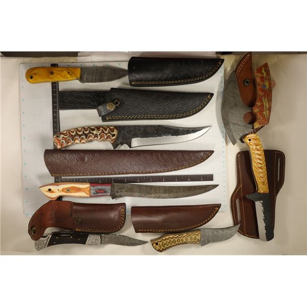 5 DAMASCUS STEEL & 2 CARBON STEEL KNIVES.  ALL NEW