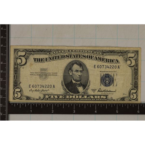 1953-A US $5 SILVER CERT, BLUE SEAL