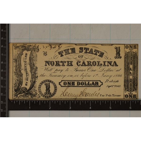 1866 NORTH CAROLINA $1 OBSOLETE CURRENCY.