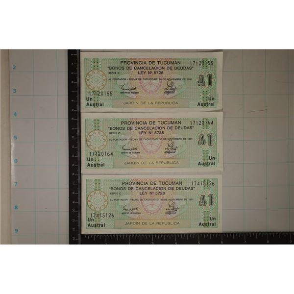 3- TUCUMAN ARGENTINA 1 AUSTRAL CRISP UNC BILLS