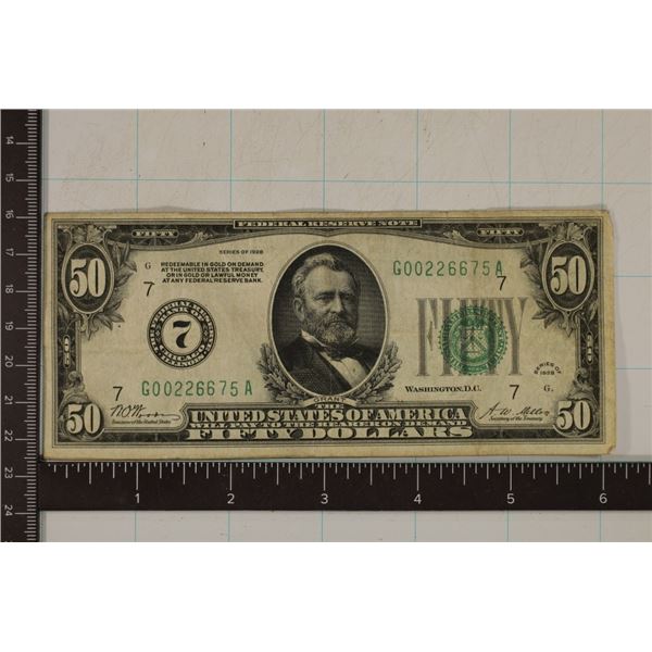 1928 US $50 FRN, GREEN SEAL.  REDEEMABLE IN GOLD