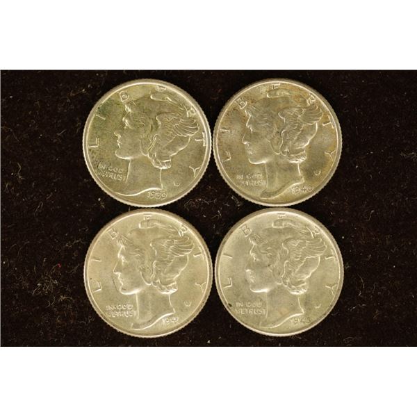1939, 40, 41 & 1945 SILVER MERCURY DIMES ALL UNC