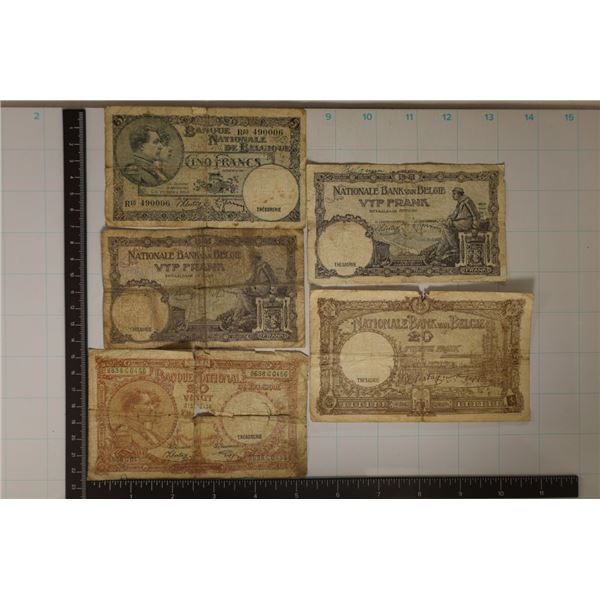 6 CIRCA 1920'S BELGIUM BILLS: 3 FIVE FRANCS & 2