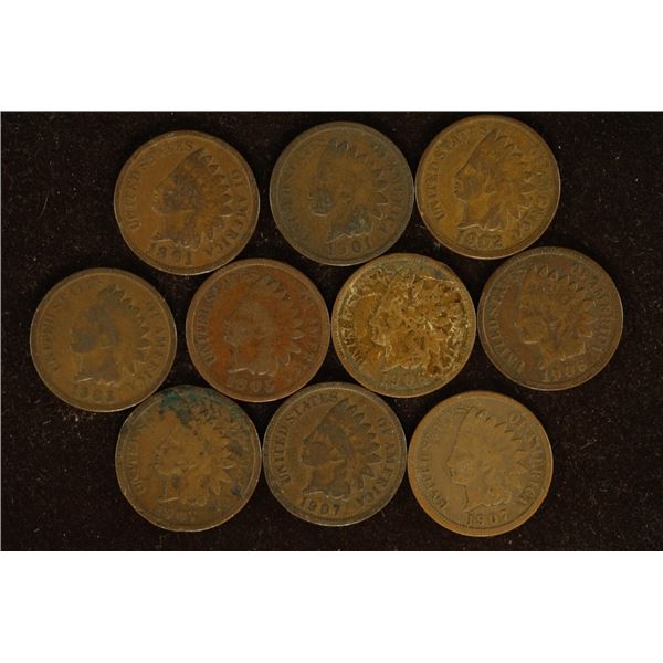 10 ASSORTED INDIAN HEAD CENTS: 1901-1907 ONE OF