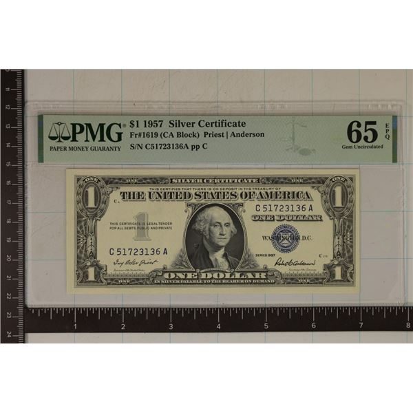 1957 US $1 SILVER CERT. PMG 65 GEM UNC EXCEPTIONAL