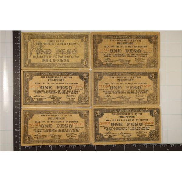 6-1942 PHILIPPINES 1 PESO EMERGENCY CURRENCY BILLS