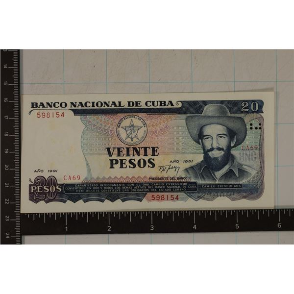 1991 CUBA 20 PESO CRISP UNC BILL