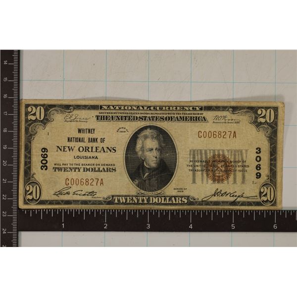 1929 US $20 NATIONAL CURRENCY, BROWN SEAL.