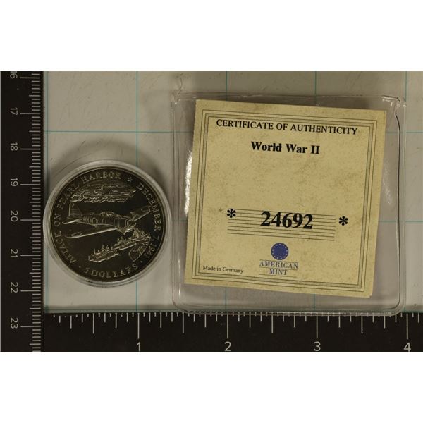 2001 LIBERIA UNC $5 "PEARL HARBOR" IN HARD PLASTIC