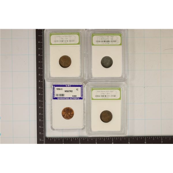 4 SLABBED LINCOLN CENTS, 1943 STEEL, 1946 WHEAT,