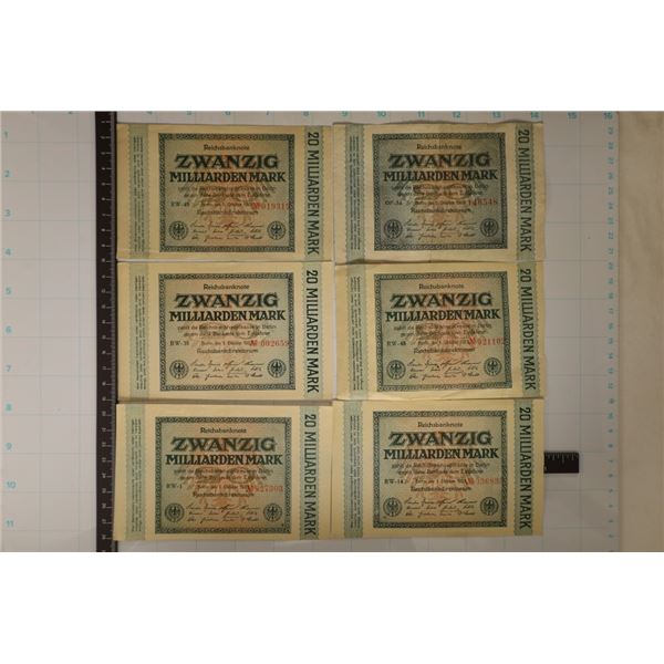 6-1923 GERMAN 20 MILLION MARK BILLS.  3 ARE AU