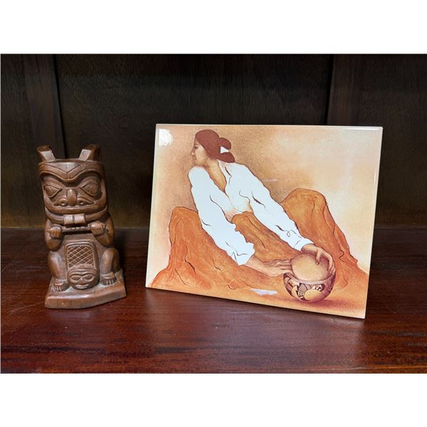 2 pc - Native art - R.C. Gormann Ceramic tile and small wooden totem pole.