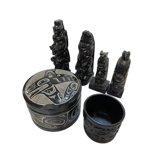 Group of Native Art assorted decorative items - includes 4 Blackware Style Totems Pole/ 1 handcrafte