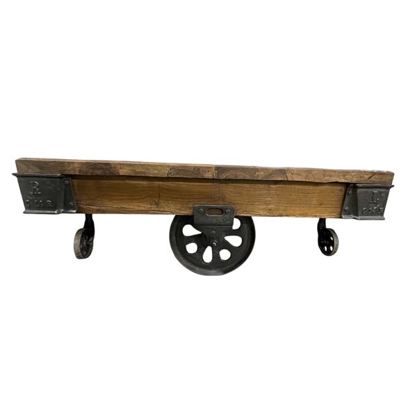 rolling railroad cart coffee table (approx 50 x 28 x 18in H)