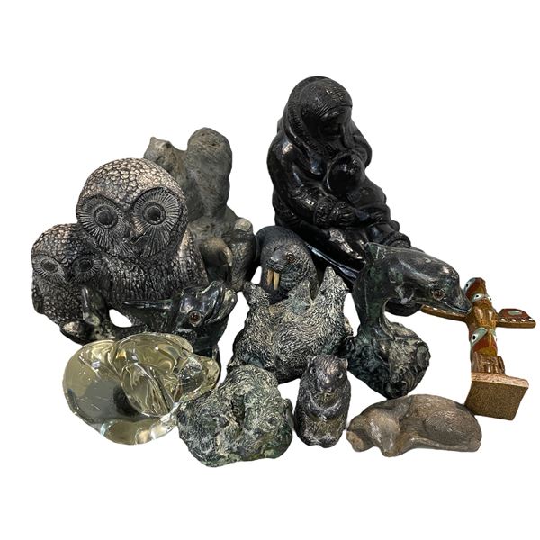 Group of Soapstone, Glass Figurines & Miniature Totem Pole