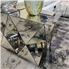 Image 2 : Pair of Bevelled Glass Top Geometrical Mirrored Side Tables One Cracked Top) (12x12x21) & Two Vases